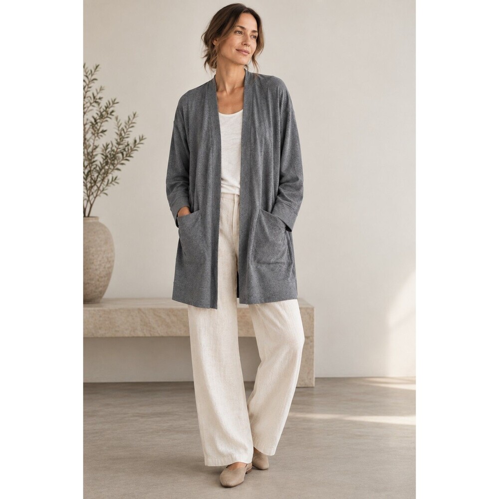 EILEEN FISHER Sweater M Organic Cotton Boxy Cardigan Pockets Open Front Gray